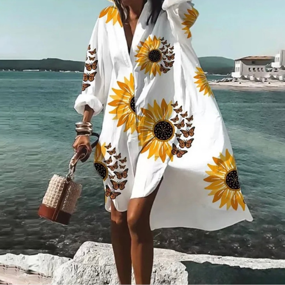 Vacation Tropical Streetwear Turndown Tee Shirt Dress - Picture 3 of 5